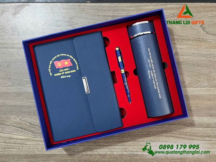 Bộ Quà Tặng (Sổ+ Bình+ Bút) Màu Xanh - In Khắc Logo Đại Hội Đảng Bộ Công An