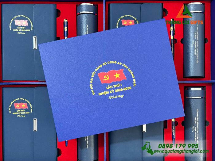 Bộ Quà Tặng (Sổ+ Bình+ Bút) Màu Xanh - In Khắc Logo Đại Hội Đảng Bộ Công An