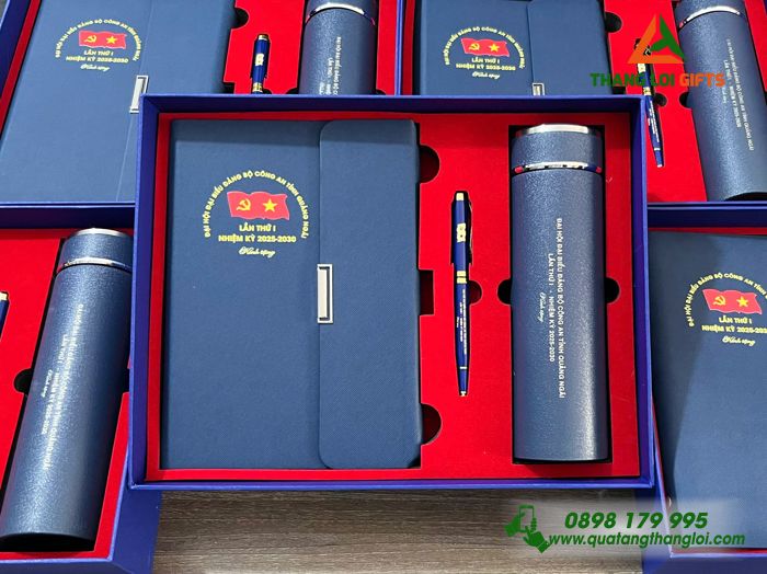 Bộ Quà Tặng (Sổ+ Bình+ Bút) Màu Xanh - In Khắc Logo Đại Hội Đảng Bộ Công An