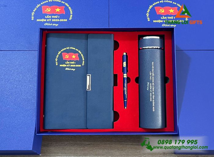 Bộ Quà Tặng (Sổ+ Bình+ Bút) Màu Xanh - In Khắc Logo Đại Hội Đảng Bộ Công An