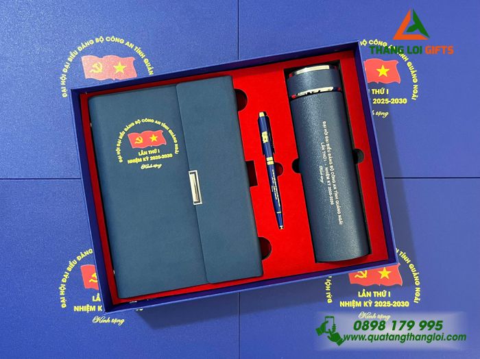 Bộ Quà Tặng (Sổ+ Bình+ Bút) Màu Xanh - In Khắc Logo Đại Hội Đảng Bộ Công An