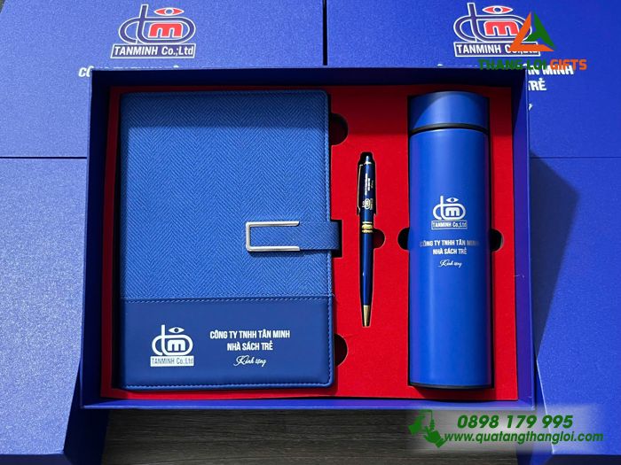 Set Quà Tặng (Sổ+ Bình+ Bút) Màu Xanh - In Khắc Logo Doanh Nghiệp Tân Minh