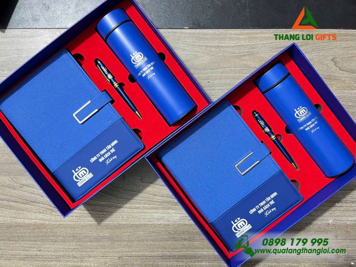 Set Quà Tặng (Sổ+ Bình+ Bút) Màu Xanh - In Khắc Logo Doanh Nghiệp Tân Minh