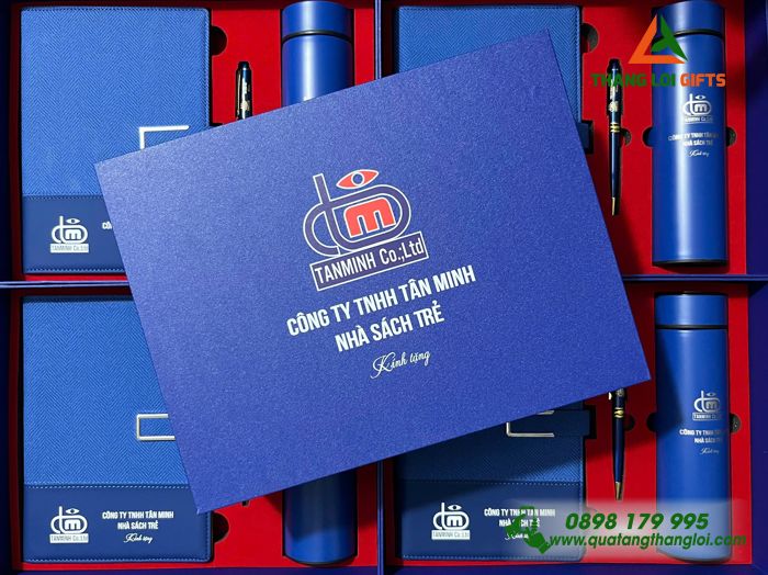 Set Quà Tặng (Sổ+ Bình+ Bút) Màu Xanh - In Khắc Logo Doanh Nghiệp Tân Minh