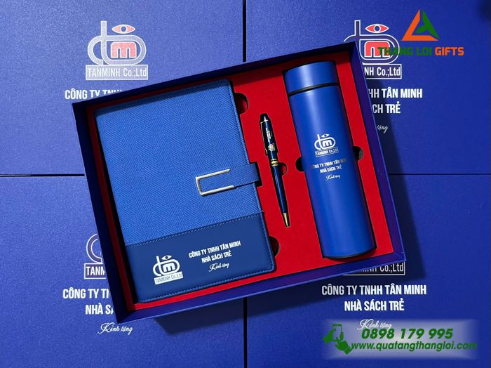 Set Quà Tặng (Sổ+ Bình+ Bút) Màu Xanh - In Khắc Logo Doanh Nghiệp Tân Minh