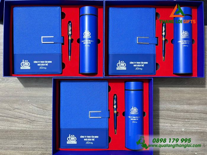 Set Quà Tặng (Sổ+ Bình+ Bút) Màu Xanh - In Khắc Logo Doanh Nghiệp Tân Minh