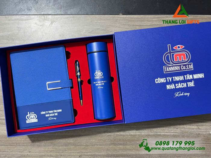 Set Quà Tặng (Sổ+ Bình+ Bút) Màu Xanh - In Khắc Logo Doanh Nghiệp Tân Minh