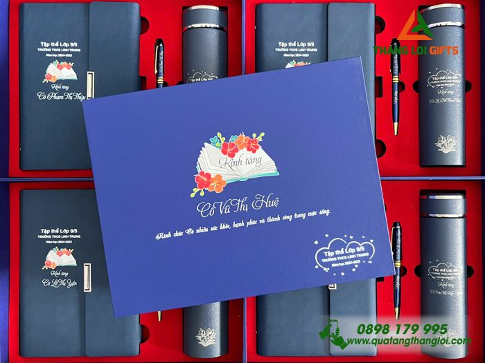 Bộ Quà Tặng (Sổ+ Bình+ Bút) Màu Xanh - In Khắc Logo Tên Trường THCS Linh Trung