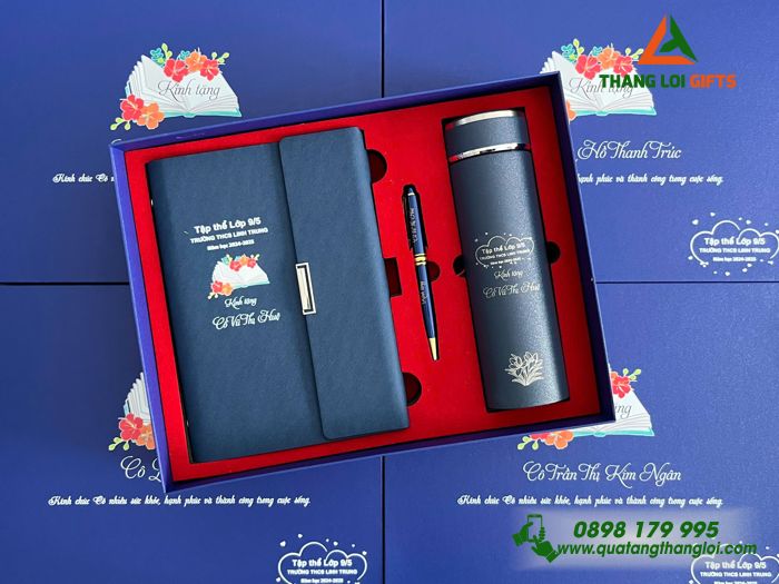 Bộ Quà Tặng (Sổ+ Bình+ Bút) Màu Xanh - In Khắc Logo Tên Trường THCS Linh Trung