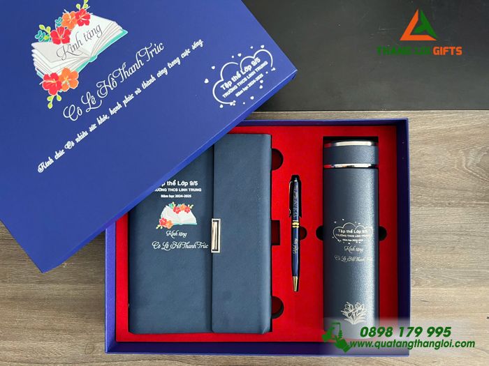 Bộ Quà Tặng (Sổ+ Bình+ Bút) Màu Xanh - In Khắc Logo Tên Trường THCS Linh Trung
