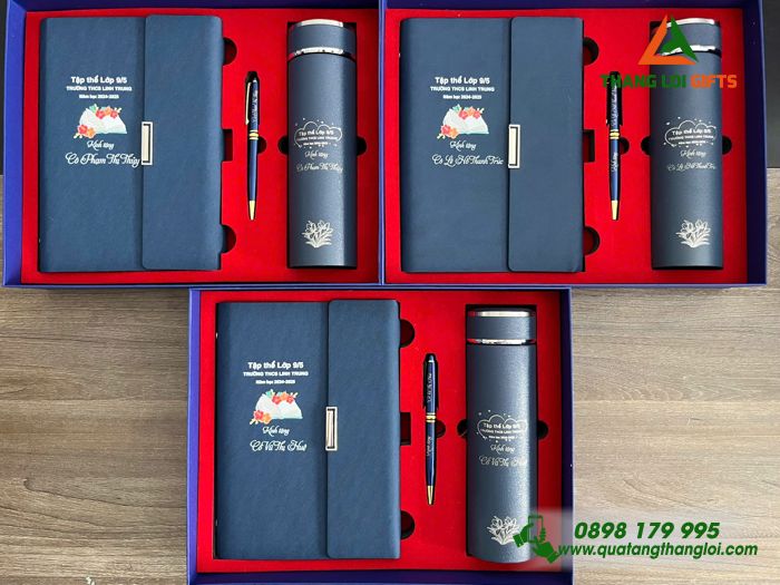 Bộ Quà Tặng (Sổ+ Bình+ Bút) Màu Xanh - In Khắc Logo Tên Trường THCS Linh Trung