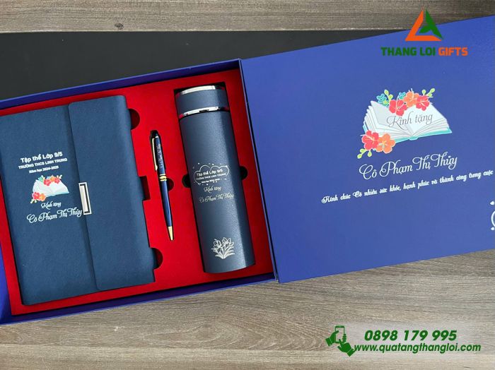 Bộ Quà Tặng (Sổ+ Bình+ Bút) Màu Xanh - In Khắc Logo Tên Trường THCS Linh Trung