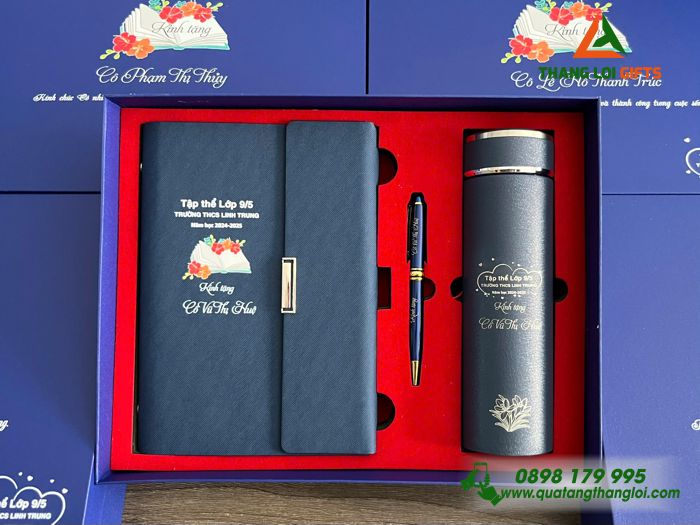 Bộ Quà Tặng (Sổ+ Bình+ Bút) Màu Xanh - In Khắc Logo Tên Trường THCS Linh Trung
