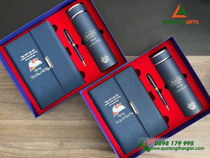 Bộ Quà Tặng (Sổ+ Bình+ Bút) Màu Xanh - In Khắc Logo Tên Trường THCS Linh Trung