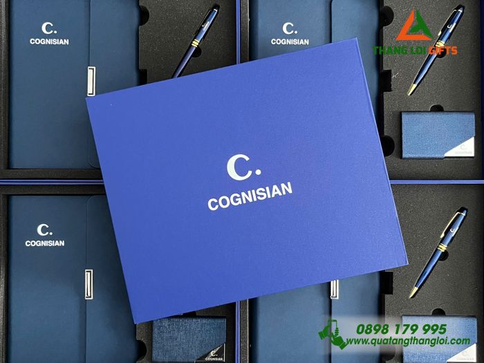 Combo Quà Tặng (Sổ+ Hộp Namecard+ Bút) Màu Xanh - In Khắc Logo Doanh Nghiệp COGNISIAN