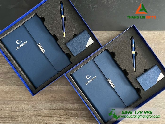 Combo Quà Tặng (Sổ+ Hộp Namecard+ Bút) Màu Xanh - In Khắc Logo Doanh Nghiệp COGNISIAN