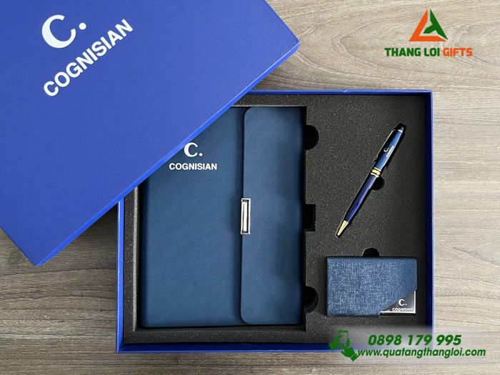 Combo Quà Tặng (Sổ+ Hộp Namecard+ Bút) Màu Xanh - In Khắc Logo Doanh Nghiệp COGNISIAN