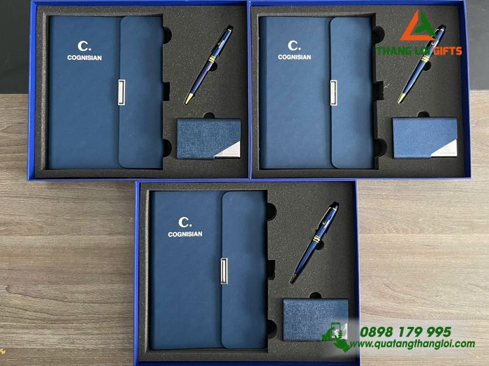 Combo Quà Tặng (Sổ+ Hộp Namecard+ Bút) Màu Xanh - In Khắc Logo Doanh Nghiệp COGNISIAN