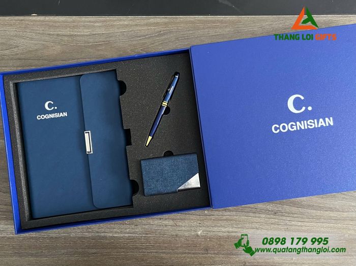 Combo Quà Tặng (Sổ+ Hộp Namecard+ Bút) Màu Xanh - In Khắc Logo Doanh Nghiệp COGNISIAN