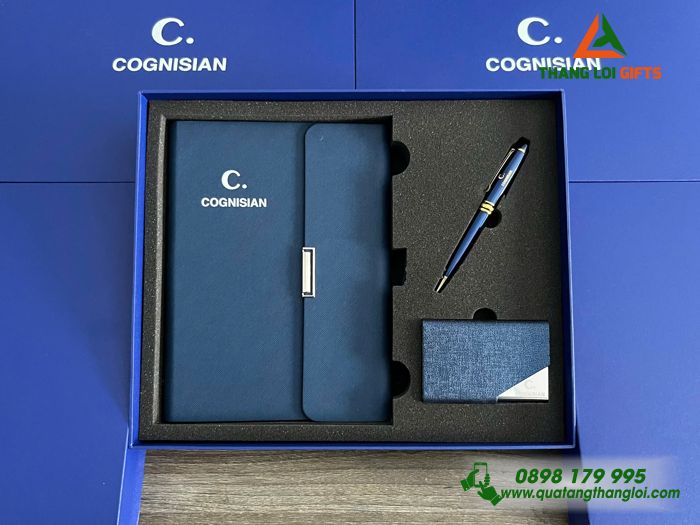 Combo Quà Tặng (Sổ+ Hộp Namecard+ Bút) Màu Xanh - In Khắc Logo Doanh Nghiệp COGNISIAN