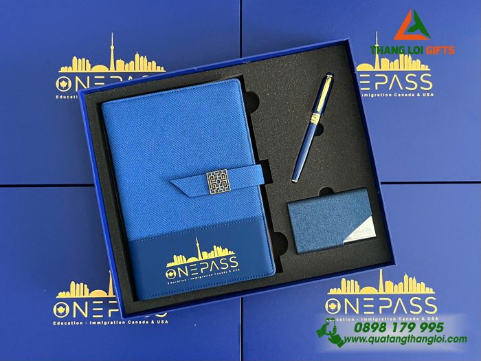 Bộ Quà Tặng (Sổ+ Hộp Namecard+ Bút) Màu Xanh - In Khắc Logo Doanh Nghiệp ONEPASS