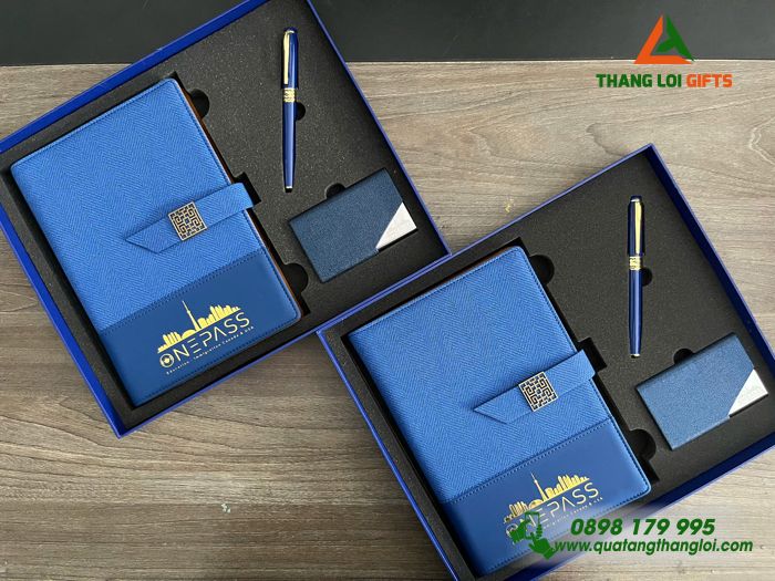Bộ Quà Tặng (Sổ+ Hộp Namecard+ Bút) Màu Xanh - In Khắc Logo Doanh Nghiệp ONEPASS