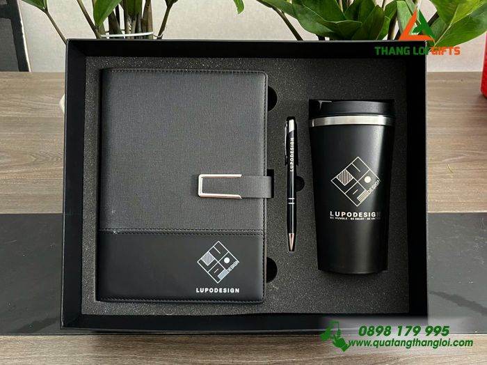 Combo Quà Tặng (Sổ+ Ly+ Bút) Màu Đen - In Khắc Logo Doanh Nghiệp LUPO DESIGN