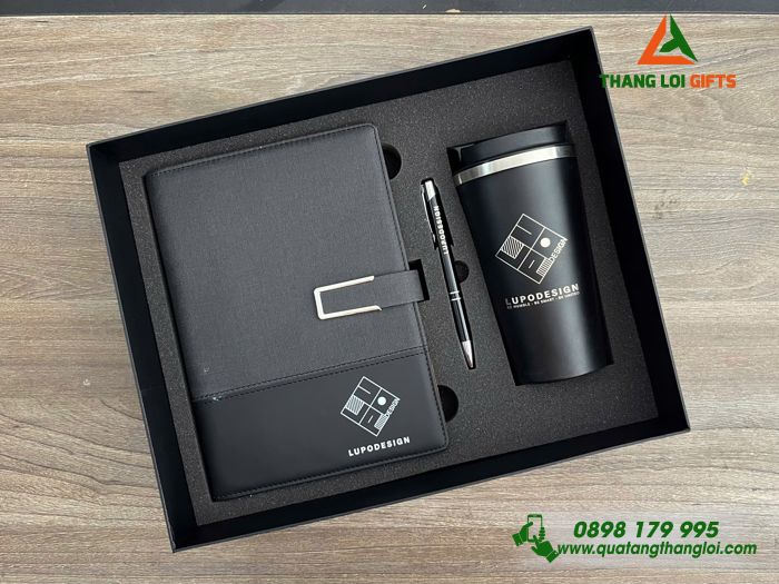 Combo Quà Tặng (Sổ+ Ly+ Bút) Màu Đen - In Khắc Logo Doanh Nghiệp LUPO DESIGN