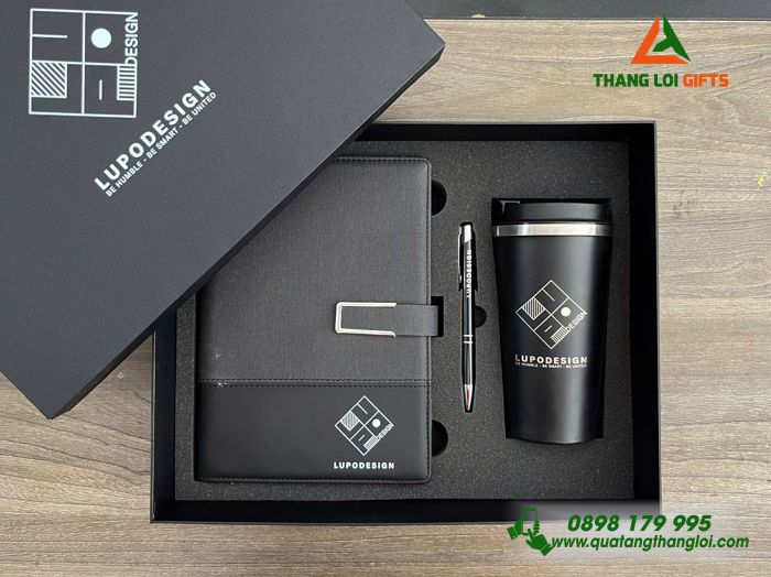Combo Quà Tặng (Sổ+ Ly+ Bút) Màu Đen - In Khắc Logo Doanh Nghiệp LUPO DESIGN