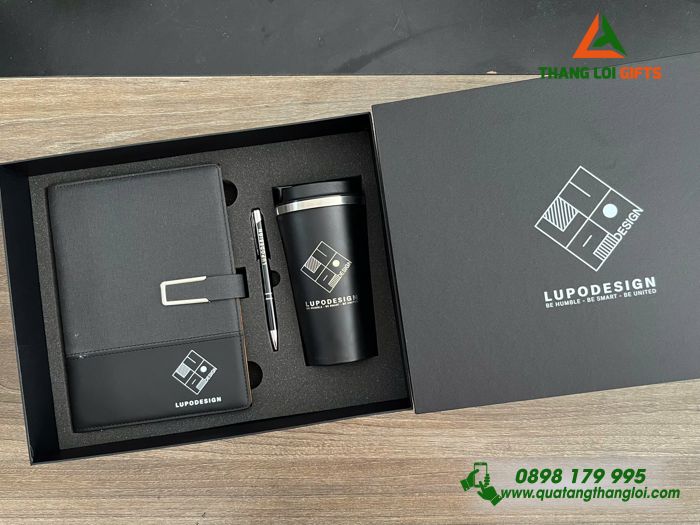 Combo Quà Tặng (Sổ+ Ly+ Bút) Màu Đen - In Khắc Logo Doanh Nghiệp LUPO DESIGN