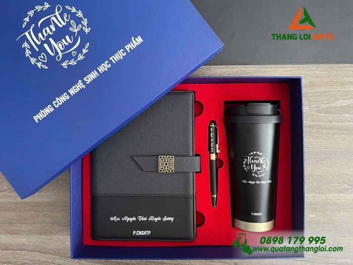 Set Quà Tặng (Sổ+ Ly+ Bút) Màu Đen - In Khắc Logo Tên Phòng Công Nghệ Sinh Học Thực Phẩm