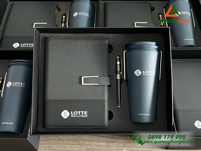 Bộ Quà Tặng (Sổ+ Ly Lock&Lock+ Bút) - In Khắc Logo Doanh Nghiệp LOTTE WellFood