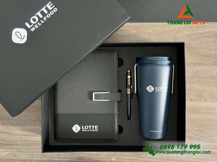 Bộ Quà Tặng (Sổ+ Ly Lock&Lock+ Bút) - In Khắc Logo Doanh Nghiệp LOTTE WellFood