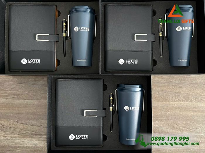 Bộ Quà Tặng (Sổ+ Ly Lock&Lock+ Bút) - In Khắc Logo Doanh Nghiệp LOTTE WellFood
