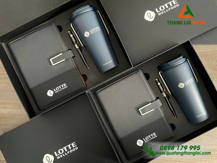 Bộ Quà Tặng (Sổ+ Ly Lock&Lock+ Bút) - In Khắc Logo Doanh Nghiệp LOTTE WellFood