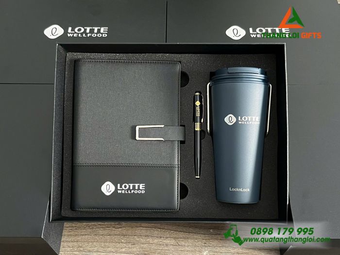 Bộ Quà Tặng (Sổ+ Ly Lock&Lock+ Bút) - In Khắc Logo Doanh Nghiệp LOTTE WellFood