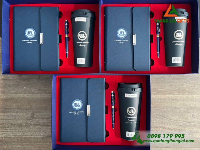 Bộ Quà Tặng (Sổ+ Ly Lock&Lock+ Bút) Màu Xanh - In Khắc Logo Trường ĐH Kinh Tế Luật
