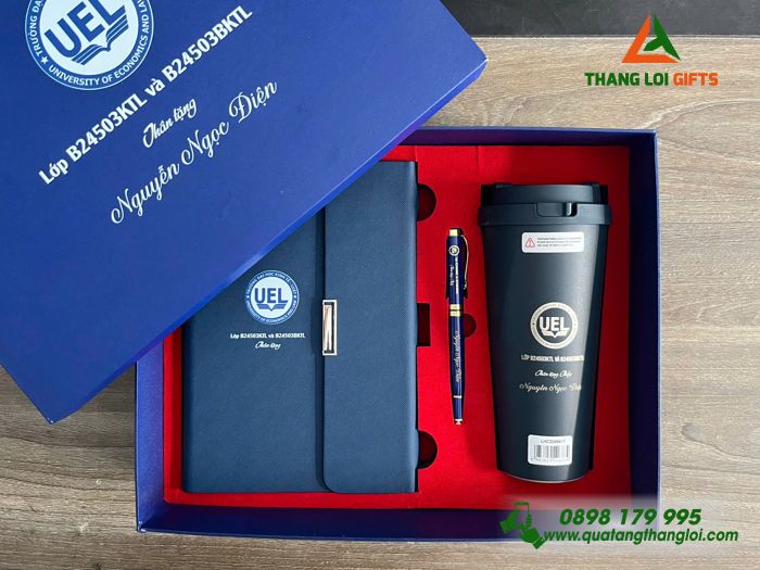 Bộ Quà Tặng (Sổ+ Ly Lock&Lock+ Bút) Màu Xanh - In Khắc Logo Trường ĐH Kinh Tế Luật