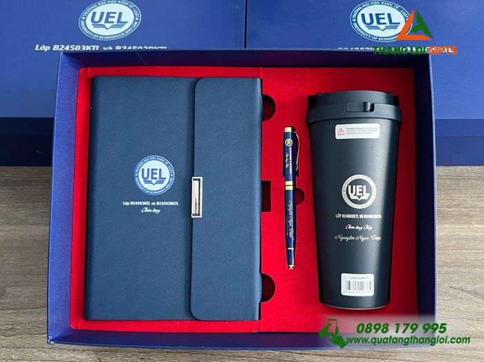 Bộ Quà Tặng (Sổ+ Ly Lock&Lock+ Bút) Màu Xanh - In Khắc Logo Trường ĐH Kinh Tế Luật