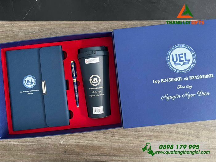 Bộ Quà Tặng (Sổ+ Ly Lock&Lock+ Bút) Màu Xanh - In Khắc Logo Trường ĐH Kinh Tế Luật