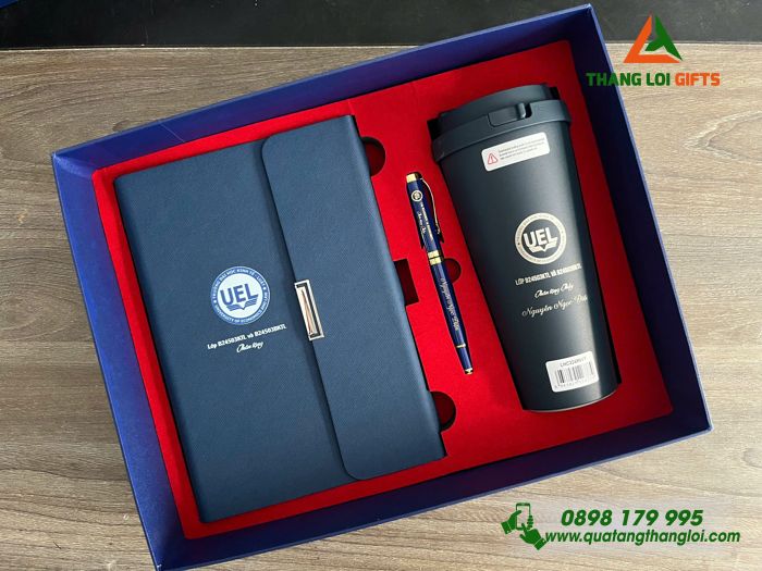 Bộ Quà Tặng (Sổ+ Ly Lock&Lock+ Bút) Màu Xanh - In Khắc Logo Trường ĐH Kinh Tế Luật