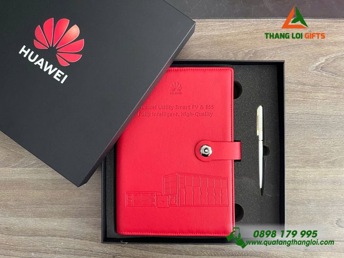 Combo Quà Tặng (Sổ Tay Bìa Còng & Bút Ký) - In Khắc Logo Thương Hiệu HUAWEI