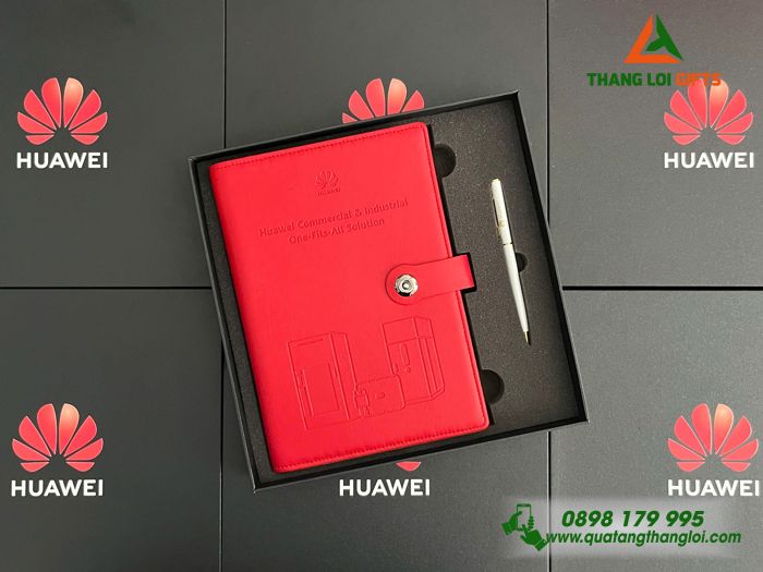 Combo Quà Tặng (Sổ Tay Bìa Còng & Bút Ký) - In Khắc Logo Thương Hiệu HUAWEI