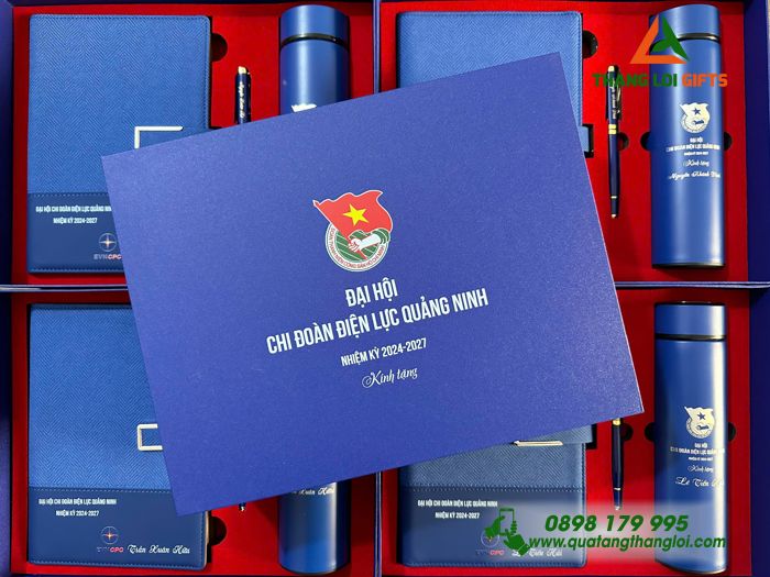 Bộ Quà Tặng (Sổ+ Bình+ Bút) Màu Xanh - In Khắc Logo Đoàn Thanh Niên Cộng Sản Việt Nam