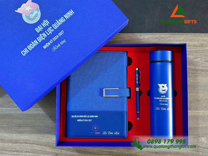 Bộ Quà Tặng (Sổ+ Bình+ Bút) Màu Xanh - In Khắc Logo Đoàn Thanh Niên Cộng Sản Việt Nam