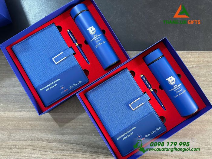 Bộ Quà Tặng (Sổ+ Bình+ Bút) Màu Xanh - In Khắc Logo Đoàn Thanh Niên Cộng Sản Việt Nam