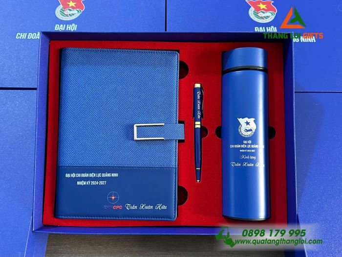 Bộ Quà Tặng (Sổ+ Bình+ Bút) Màu Xanh - In Khắc Logo Đoàn Thanh Niên Cộng Sản Việt Nam