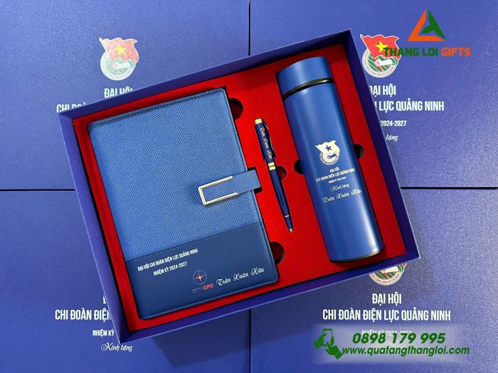 Bộ Quà Tặng (Sổ+ Bình+ Bút) Màu Xanh - In Khắc Logo Đoàn Thanh Niên Cộng Sản Việt Nam