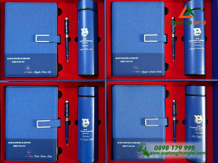 Bộ Quà Tặng (Sổ+ Bình+ Bút) Màu Xanh - In Khắc Logo Đoàn Thanh Niên Cộng Sản Việt Nam