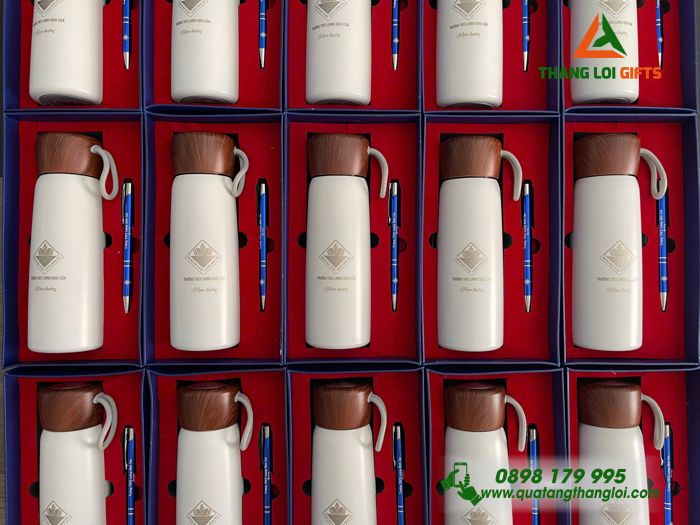 Set Quà Tặng (Bình Giữ Nhiệt & Bút Bi) - In Khắc Logo Trường THCS Lương Định Của